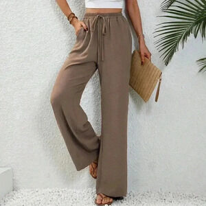 Coffee Brown Casual Women's Summer Drawstring Elastic Waist Wide Leg Pants